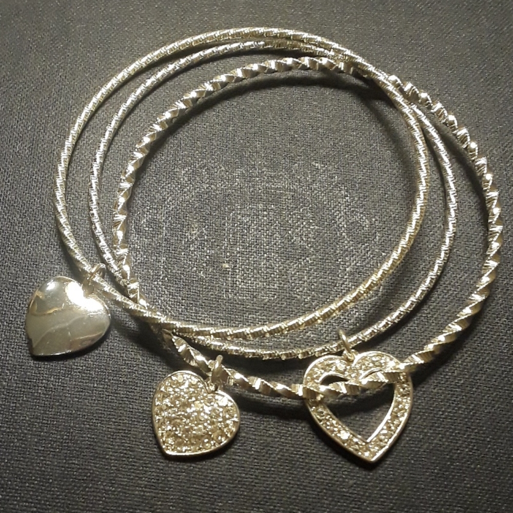 Bundle 3 For $15: Set of 3 Silver Heart Charm Bangles w/ Rhinestones